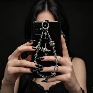 May include: Black smartphone with a decorative beaded phone charm. The charm features silver-toned charms, including a star, heart, and various beads. The phone and charm are held in front of a dark background.