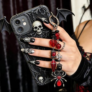 Victorian Gothic Phone Keychain Red Black Crystal Cross Spider Charm Coffin Beaded Lanyard Camera Strap Antique Silver Bag Charm Gift