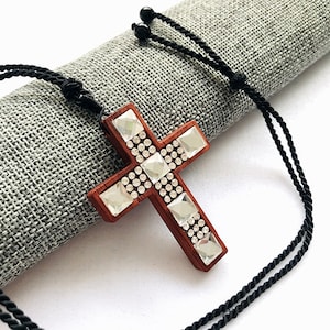 Cross Necklace Men Women Pau Rosa Wood Pendent Necklace Adorned with Clear & Multicolored Cyrstals Daily Xmas Gift