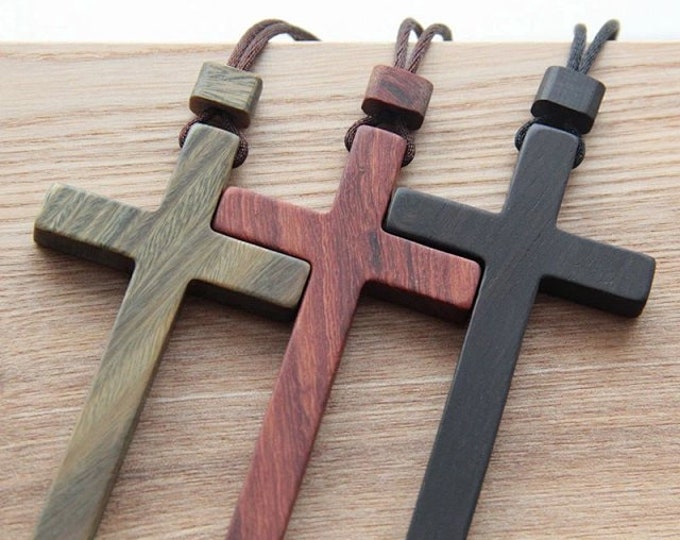 Holy Land Olive Wood Cross Necklace With Leather Cord and Metal Clasp ...