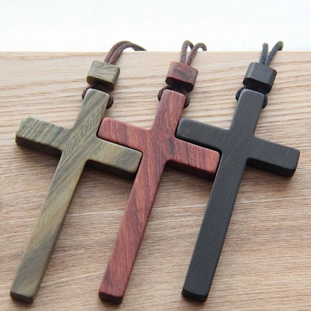 Wooden Cross Crucifix St Benedict Necklace Leather Cord Men Women Adjustable
