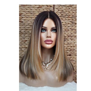 Wig Lace Wig Balayage Ombre straight long bob medium length blonde light medium blonde medium brown brown Silktop Silk Base Highlights