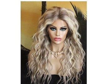 Wig remy human hair 100% Lace Wig wavy long blonde light blonde balayage ombre highlights streaks ash blonde medium blonde champagne 13x4