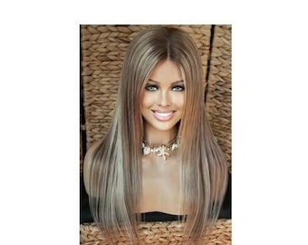 Wig Front Lace Wig remy human hair highlights Ombre Balayage Piano straight long hair blonde brown light blonde light brown dark natural