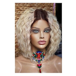 Wig real hair remy 100% human hair front lace wig ombre wavy waves wavy long medium length bob brown blonde light blonde 13x4