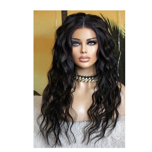 Perücke Lace Wig remy brasilianisches Echthaar 100% schwarz 13x4 Netz gewellt wellig natürlich wavy lang