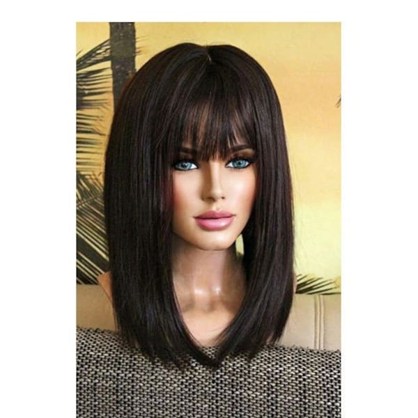 Toupet ladies woman toupee topper clip in hairpiece bangs brown dark brown black silk base top straight like real hair scalp bob 150%