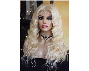 Perücke remy Echthaar 100% Lace Wig gewellt wellig wellen lang Langhaar blond hellblond goldblond  13x4 Netz natürlich Alltag Zweithaar
