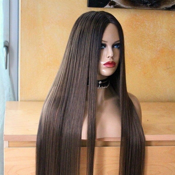 Perücke non Lace Wig braun mittelbraun dunkelbraun Silktop Silk Top Silk Base wie Echthaar sehr lang Rapunzel 90 cm Haarlänge Langhaar