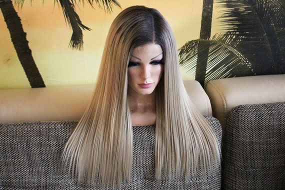 WIG ME UP Damenperücke Lang Glatt, Ombre Dunkelbraun-Lila, Ca. 70 Cm, Mit Kopfhautimitat & Größeneinstellung
