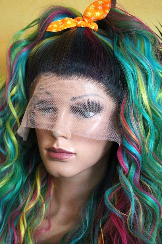 Buy Lace Front Wig Ombre Rainbow Colorful Pink Green Blue  display picture 3