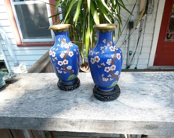 Vintage Pair Of Beautiful Floral Cloisonne Vases w/ Stands