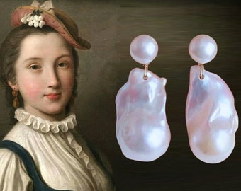 Pendientes colgantes de perlas barrocas, pendientes únicos, inspirados en el arte.