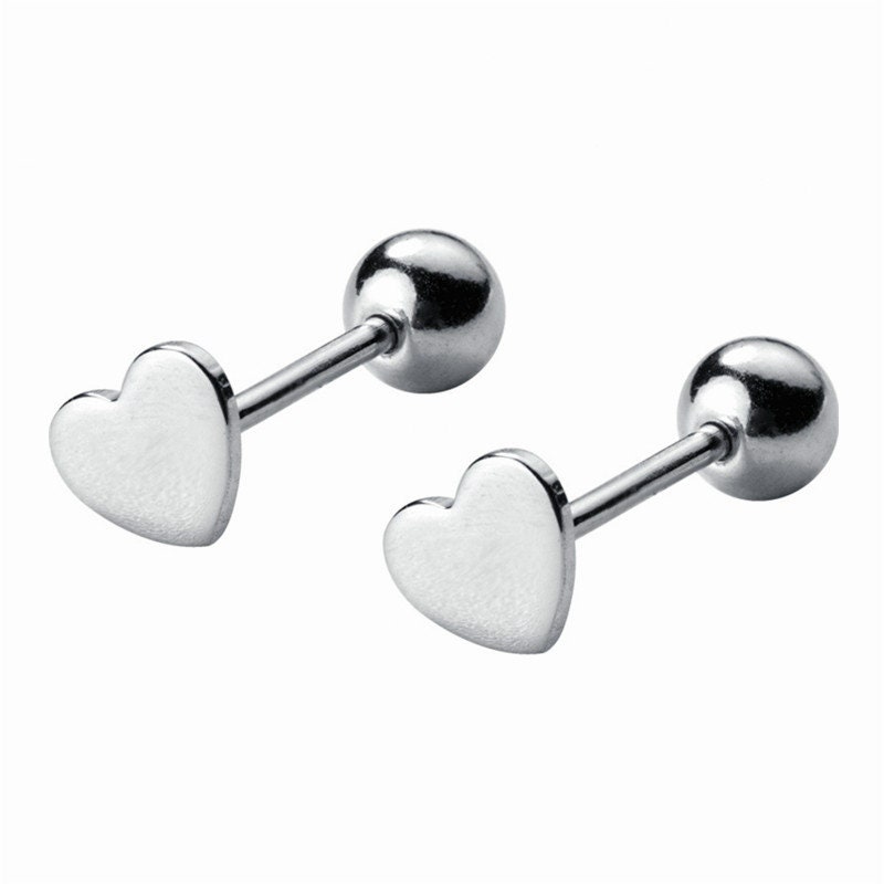 Silver heart screw back stud earrings cute love Etsy