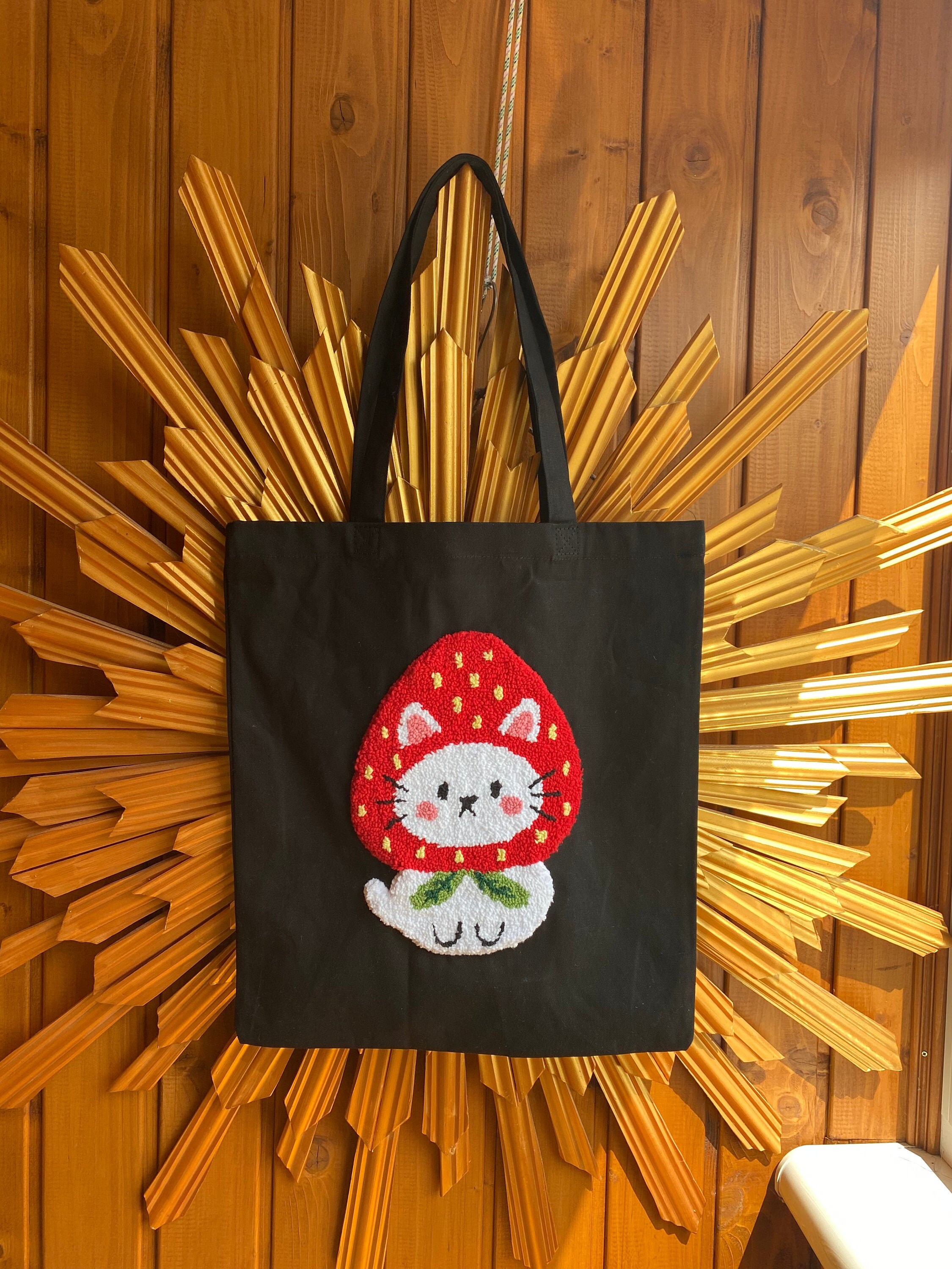 Tote bag punch needle cute cat strawberry embroidery zero Etsy