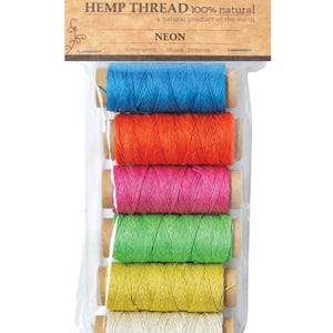 May include: A package of six mini spools of neon hemp thread in a variety of colors: blue, orange, pink, green, yellow, and white. The packaging reads "HEMP THREAD 100% natural" and "NEON". Each spool contains 19 yards of thread.