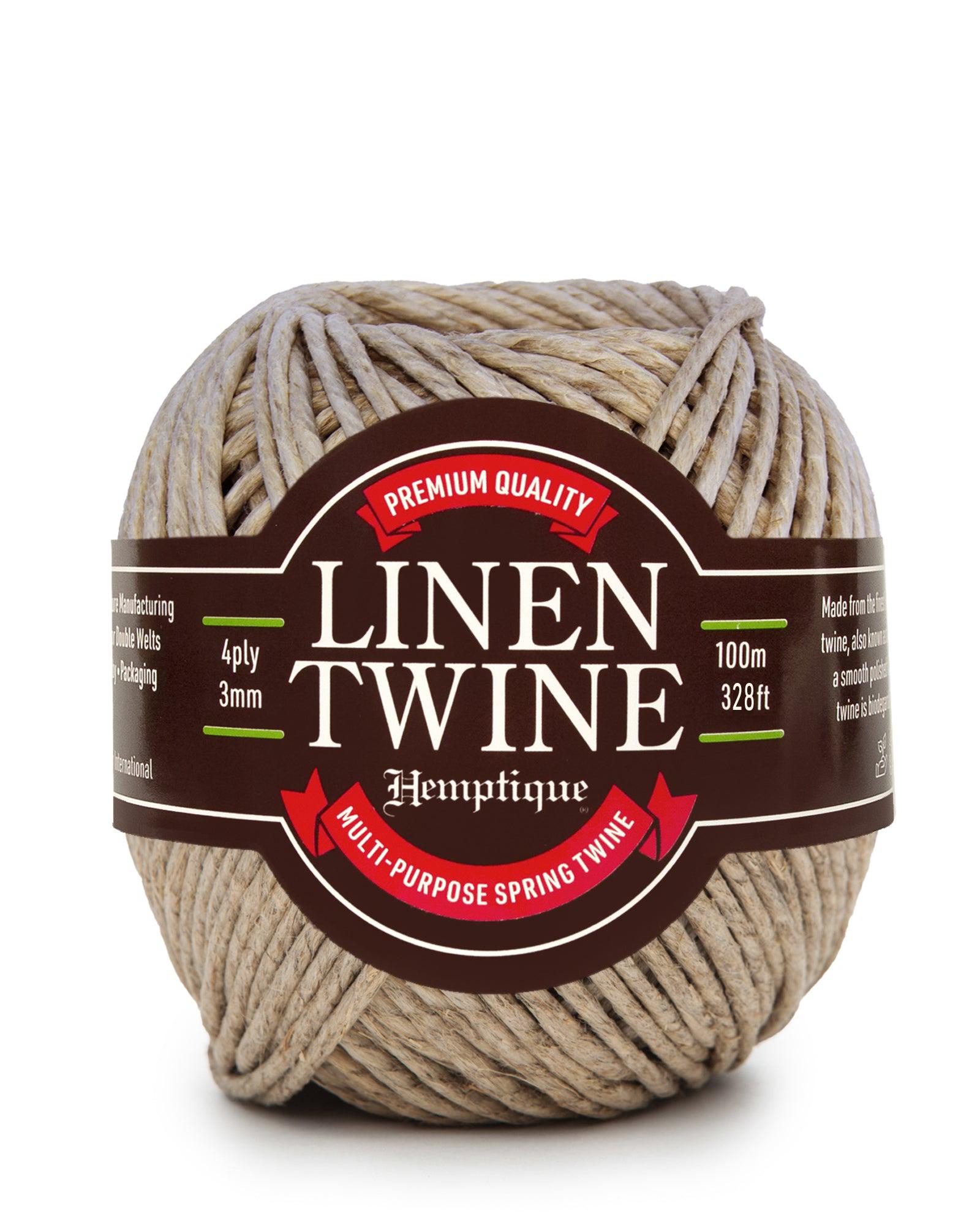 May include: A ball of natural-colored linen twine with a brown label. The label reads "Linen Twine" and "Multi-Purpose Spring Twine." The twine is 3mm thick and 100m (328 ft) long. The packaging states "Premium Quality."