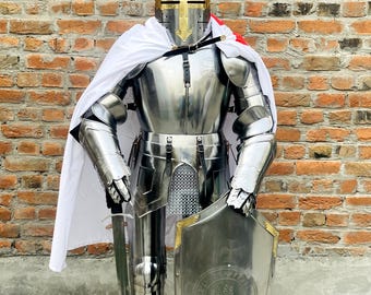 Traje de armadura de cuerpo completo de caballero templario de acero: disfraz de cruzado medieval usable