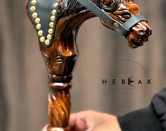 Handcrafted Wooden Walking Stick: Horse-Head Handle, Stylish Cane