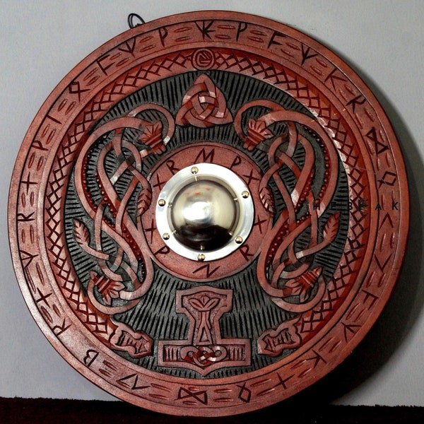 Hand-Carved Wooden Viking Shield: Norse Decor, Historical Reenactment