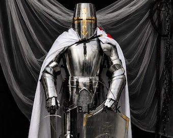 Medieval Knight Armor Costume Set with Decorative Sword | Gothic Fantasy Cosplay Armor | Renaissance Costume | Helmet Cape & Shield Display