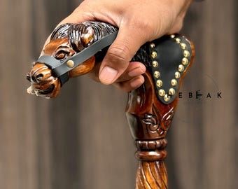 手作りの木製ステッキ：馬の頭のハンドル、スタイリッシュな杖 - Etsy 日本