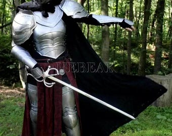 Lady Warrior Full Suit of Armor With Black Cloak/Medieval Female Knight Armor/Female Warrior Queen Armor Costume/Cosplay Armor/SCA Larp
