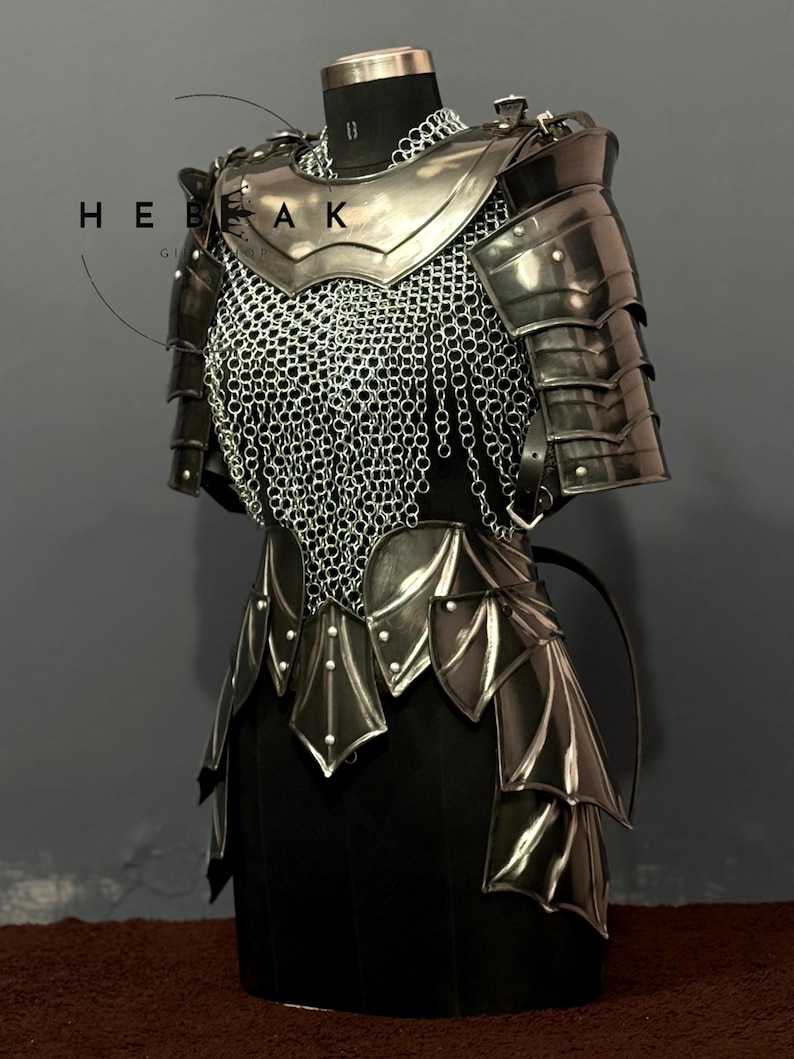 May include: A suit of dark metal armor displayed on a mannequin. The armor features layered plates, chainmail, and decorative elements. The text "HEE AK" is visible on the left side of the image. The armor is designed to protect the torso and arms.
