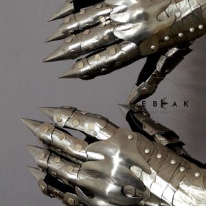 K&ouml;nnte beinhalten: Ein Paar silberne Metallhandschuhe mit spitzen Krallen und dekorativen Details. Die Handschuhe bestehen aus Metallplatten und haben eine strukturierte Oberfl&auml;che. Die Handschuhe werden an beiden H&auml;nden getragen und werden in einer Greifposition zusammengehalten.