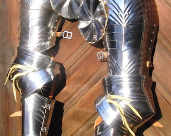 May include: Polished steel armor pieces, including leg and arm guards, and small circular shields. The armor is displayed against a wooden background. The metal reflects light, highlighting the craftsmanship and historical design.