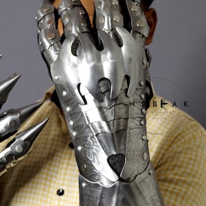 K&ouml;nnte beinhalten: Ein Paar silberne Metallhandschuhe mit krallenartigen Fingern. Die Handschuhe sind mit komplizierten Mustern verziert und haben eine strukturierte Oberfl&auml;che. Die Handschuhe werden von einer Person getragen, aber das Gesicht der Person ist nicht sichtbar.