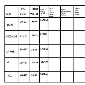 May include: Size chart for clothing with measurements in inches and centimeters. The chart includes bust, waist, total height, total leg length, thigh circumference, and shoe size.