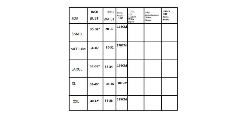 May include: Size chart for clothing with measurements in inches and centimeters. The chart includes bust, waist, total height, total leg length, thigh circumference, and shoe size.