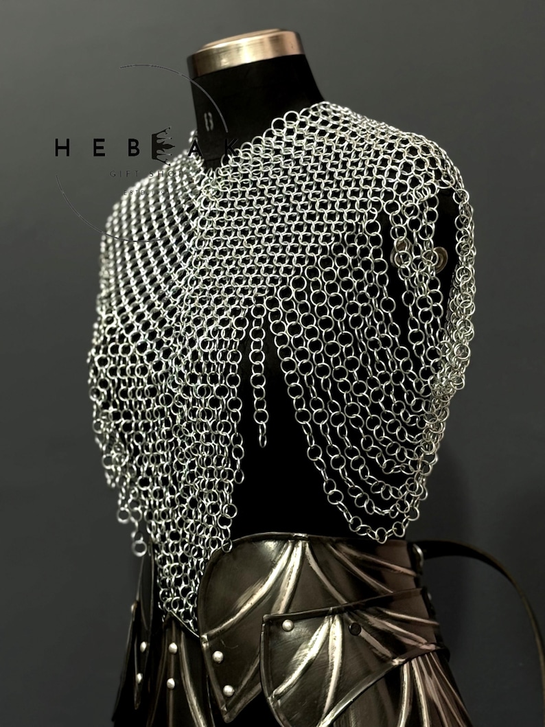 May include: A silver chainmail shirt displayed on a black mannequin. The chainmail is made of small, interlocking metal rings. The mannequin also displays a black leather and metal armor piece. The brand name "HEBE" is visible.