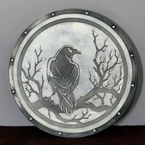 24&quot; Premium Handcrafted Wooden Viking Shield – Carved Raven Design | Norse Warrior Decor & LARP Gear  | Wall Decor Shield | Gift Shield
