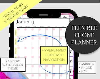 May include: A digital phone planner with a rainbow watercolor theme. The planner has a calendar view with hyperlinked dates for easy navigation. The planner is compatible with Android, iPhone, and iPad.