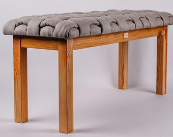 Amazing handmade oak wood bench with braided linen upholstery