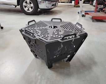 Powder Coated 5 Panel Portable Fire Pit & Grill - Travel Friendly - Camping - hexagon- Personalize each Panel