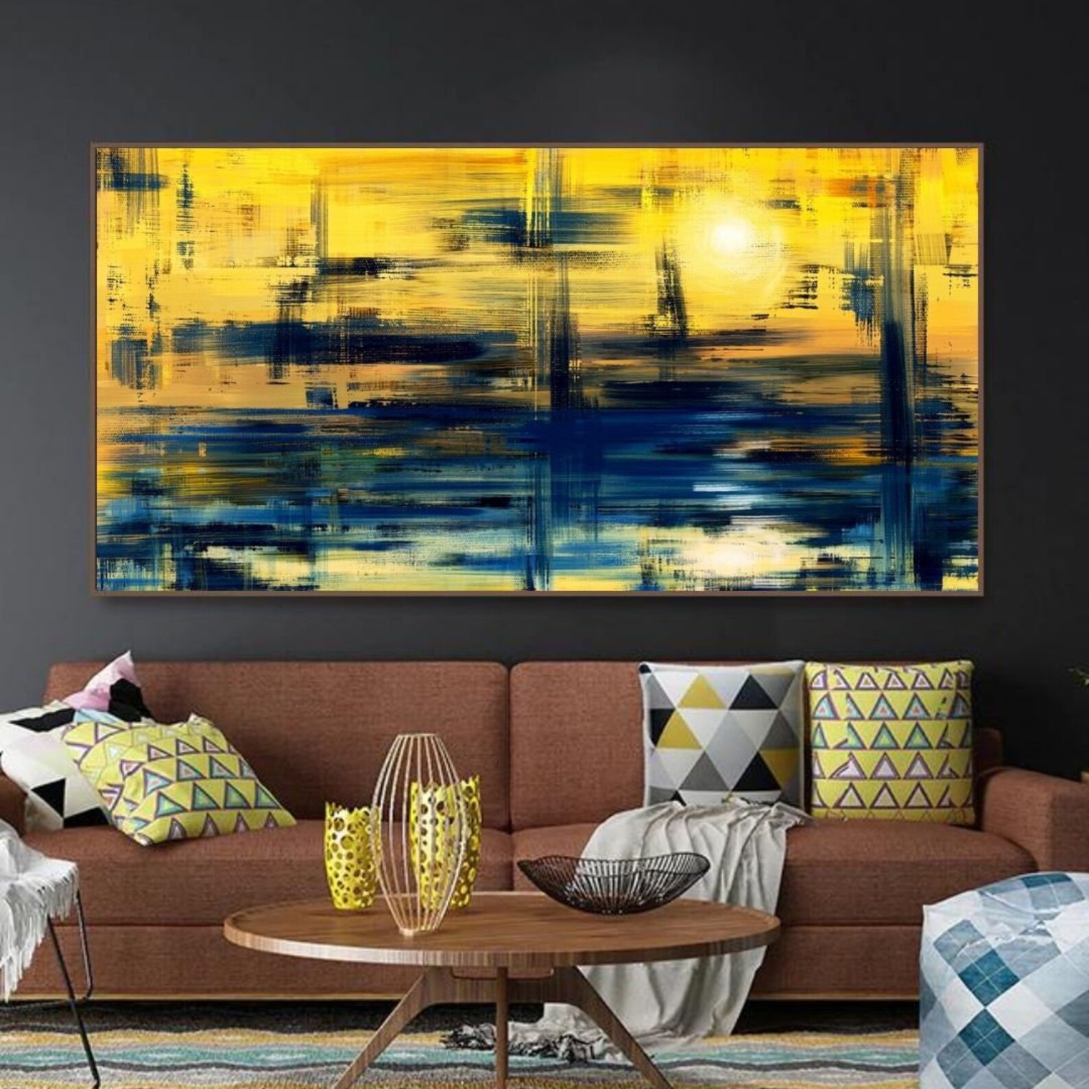 Sunset Abstract Wall Art Yellow and Blue Abstract Art Etsy