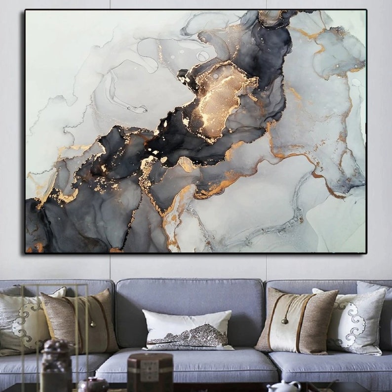 Gray and Gold Abstract Wall Art Large Framed Abstract Canvas Etsy