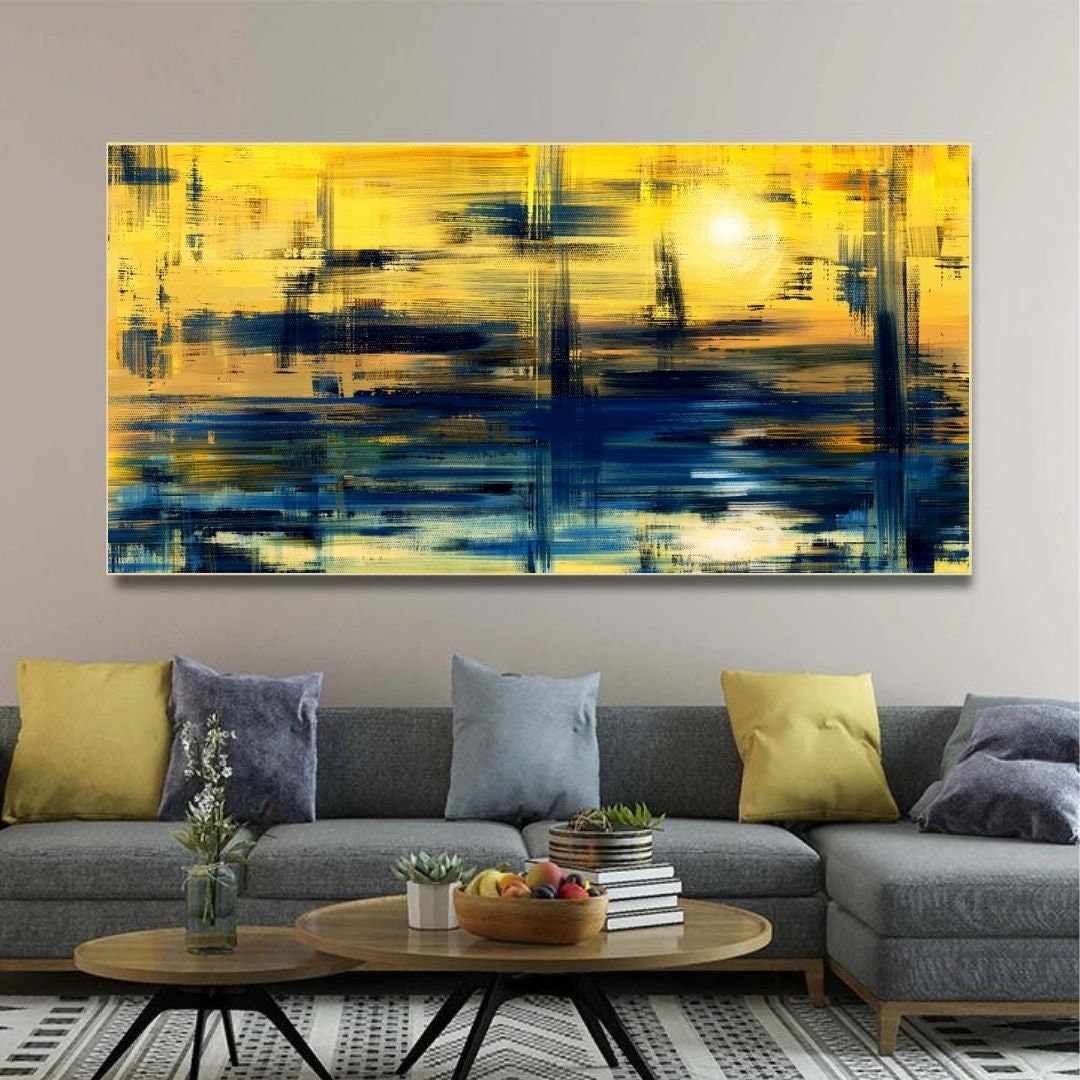 Sunset Abstract Wall Art Yellow and Blue Abstract Art Etsy