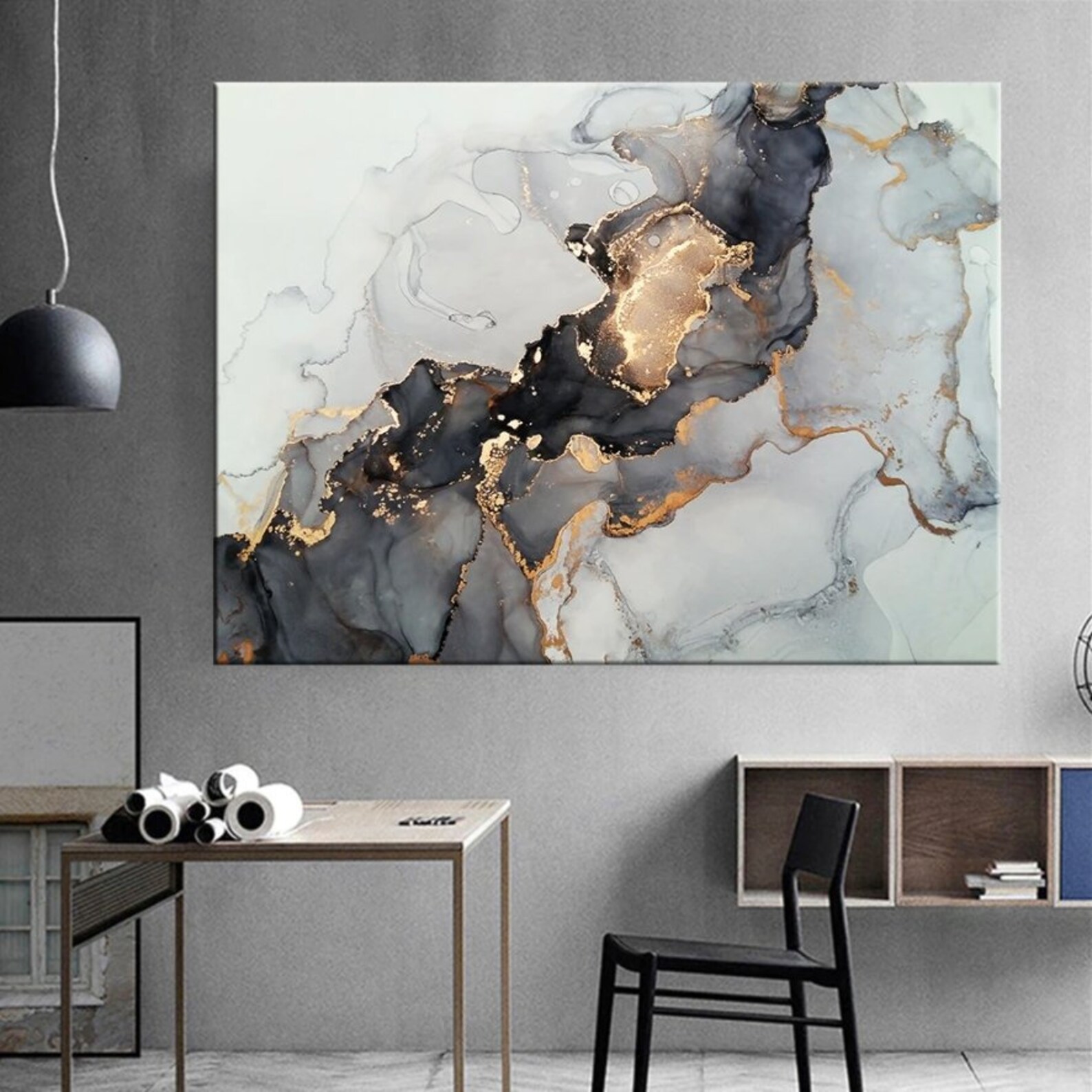 Gray and Gold Abstract Wall Art Large Framed Abstract Canvas Etsy