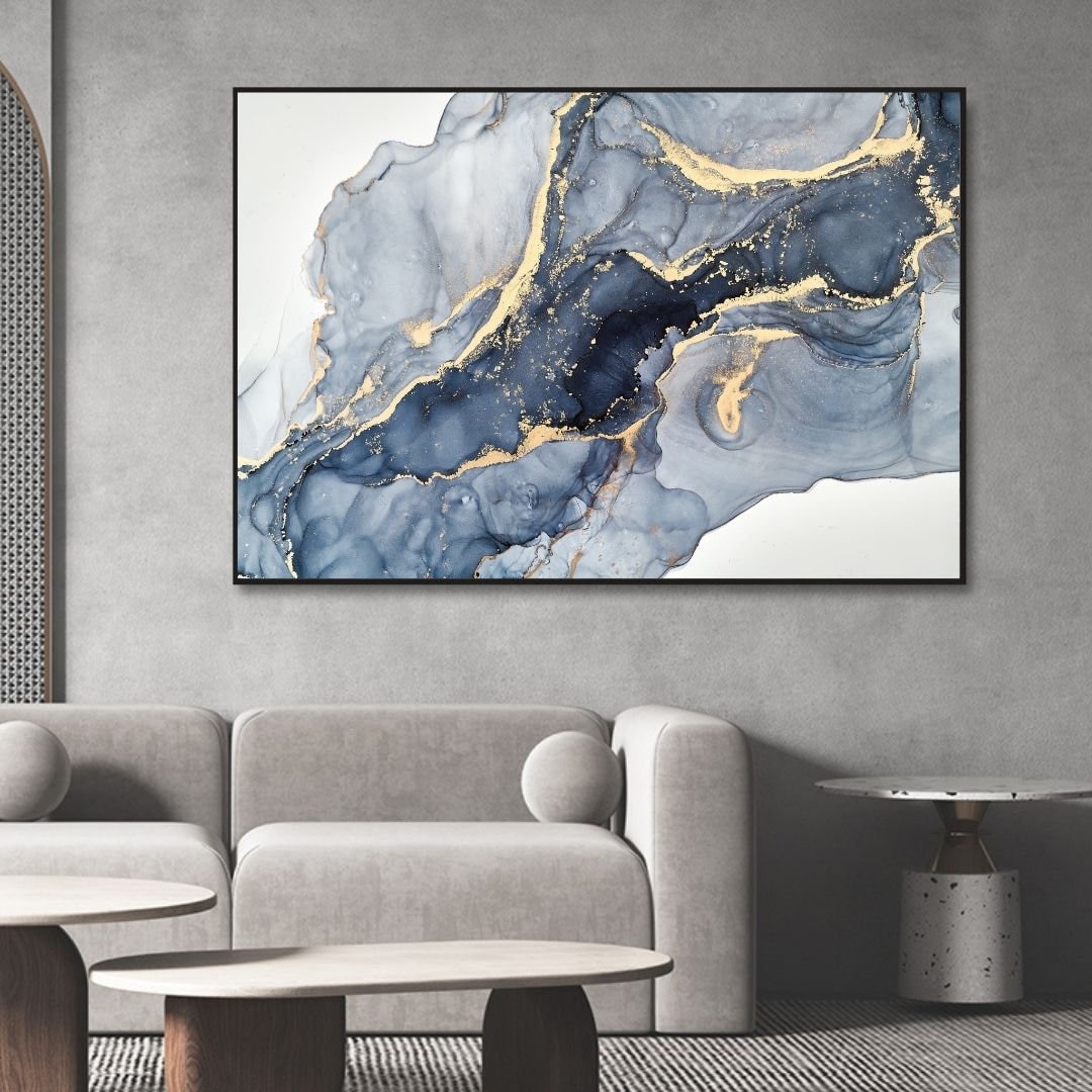 Blue Gold and Gray Fluid Abstract Art Etsy
