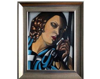 Dipinto a mano, Tamara Łempicka "Il telefono II", Riproduzione, dipinto a mano su tela, Ritratto, Pittura a olio, Con cornice