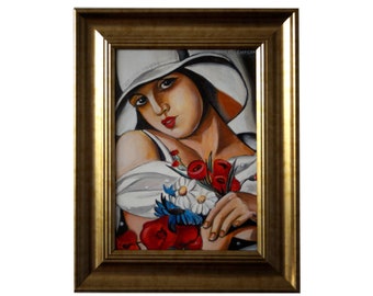 Peint à la main, Tamara Lempicka, Au plus fort de l'été ("En plein été), Reproduction, Peint à la main sur toile, Portrait, Peinture à l'huile, Encadré