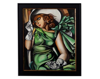 Hand-Painted, Tamara Łempicka "Girl with Gloves" (Jeune fille aux Grants), Reproduction, Portrait, Oil Painting, Framed