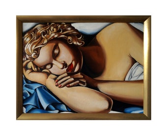 Hand-Painted, Tamara Lempicka "Sleeping Girl - Kizette I" (La Dermeuse - Kizette I), Reproduction, , Portrait, Oil Painting, Framed, Canvas