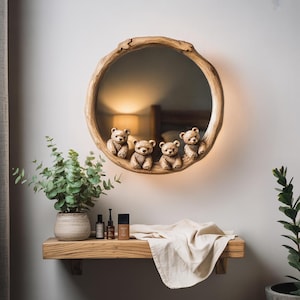 Whimsical Round Bear Mirror for Nursery Wall Decor or Kids Room Accent with Handcrafted Frame and Cute Animal Woodland Theme