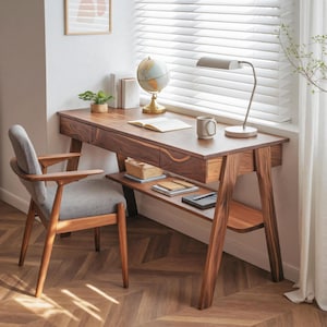 Mid Century Wooden Writing Desk with Drawers and Shelf for Home Office Study Room or Minimalist Japandi Workspace