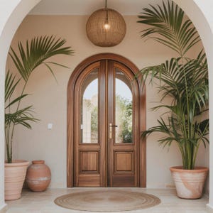 Arched Double Wood Entry Door with Glass: Mediterranean Spanish Style